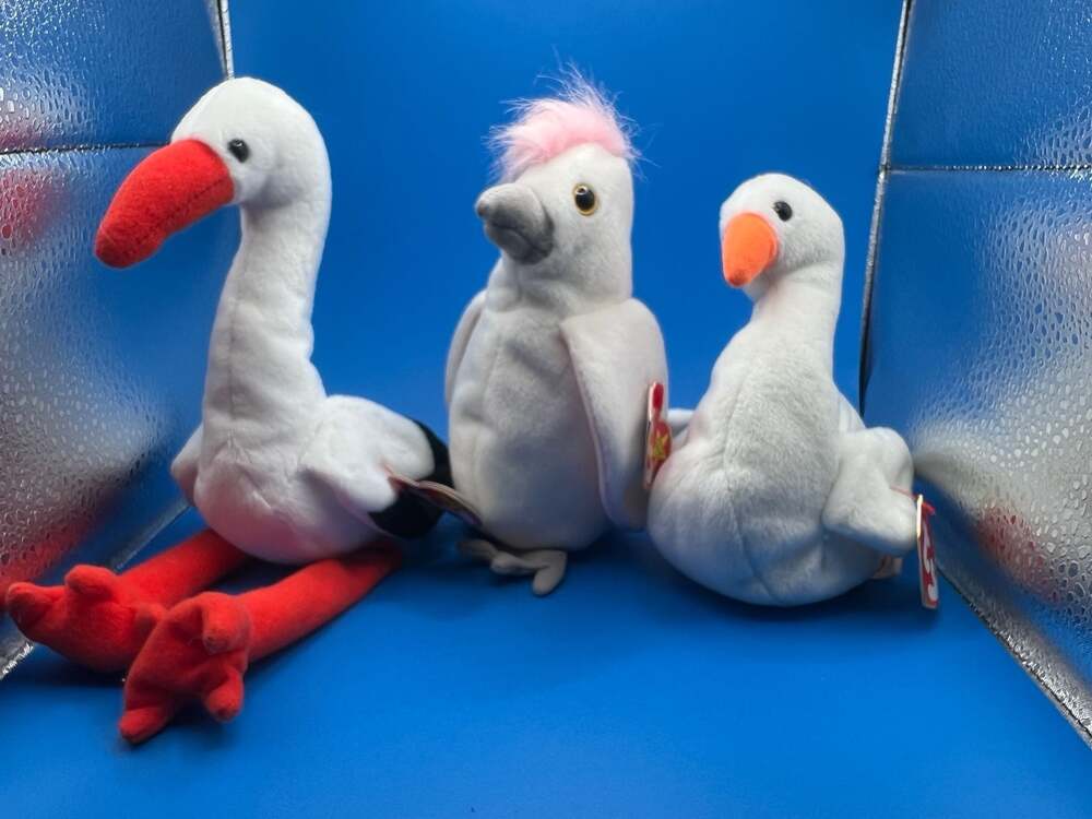 Vintage Ty Beanie Baby Waterbird Trio - Stork, Flamingo & Goose (1995-1998)